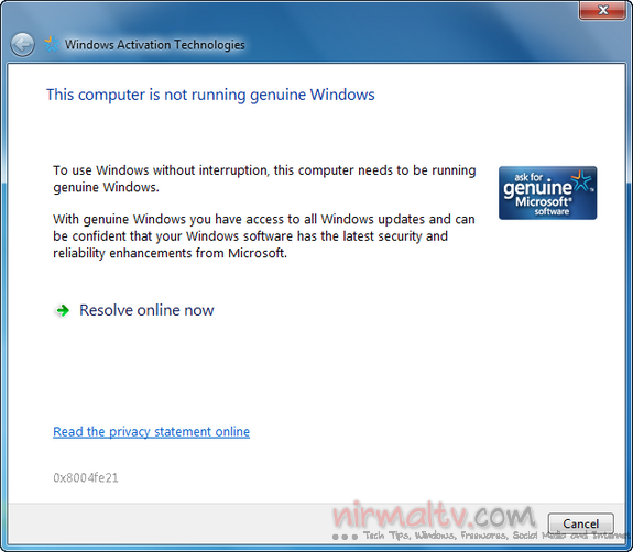  Genuine”, “This Computer is not Running Genuine Windows” Message
