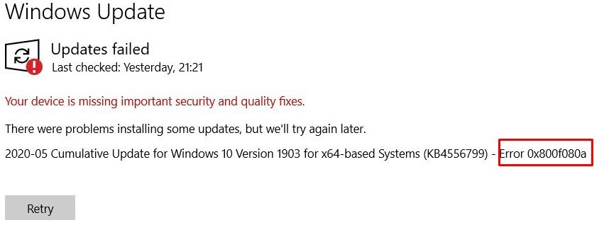 Fix Windows Update Error 0x800f080a