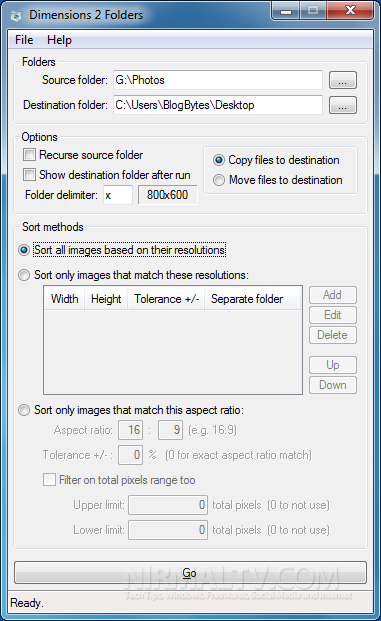 Dimensions to folders