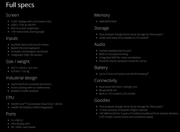 Google Chromebook pixel specs