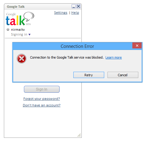 Google talk connection was blocked issue