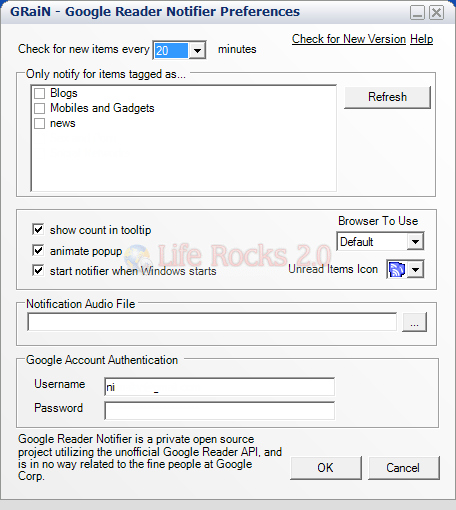 Google Reader Notifier settings