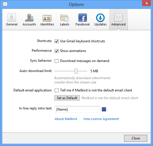 mailbird options window