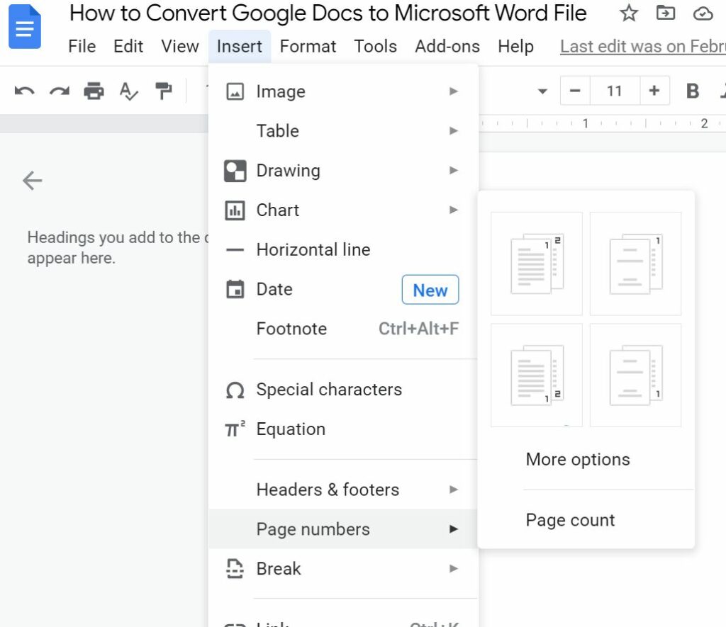 Add Page Numbers in Google Docs