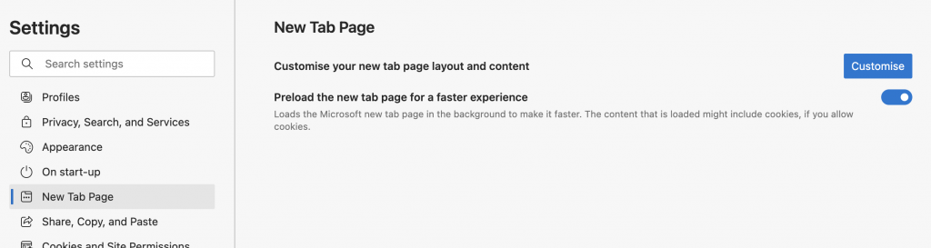 New Tab on Microsoft Edge