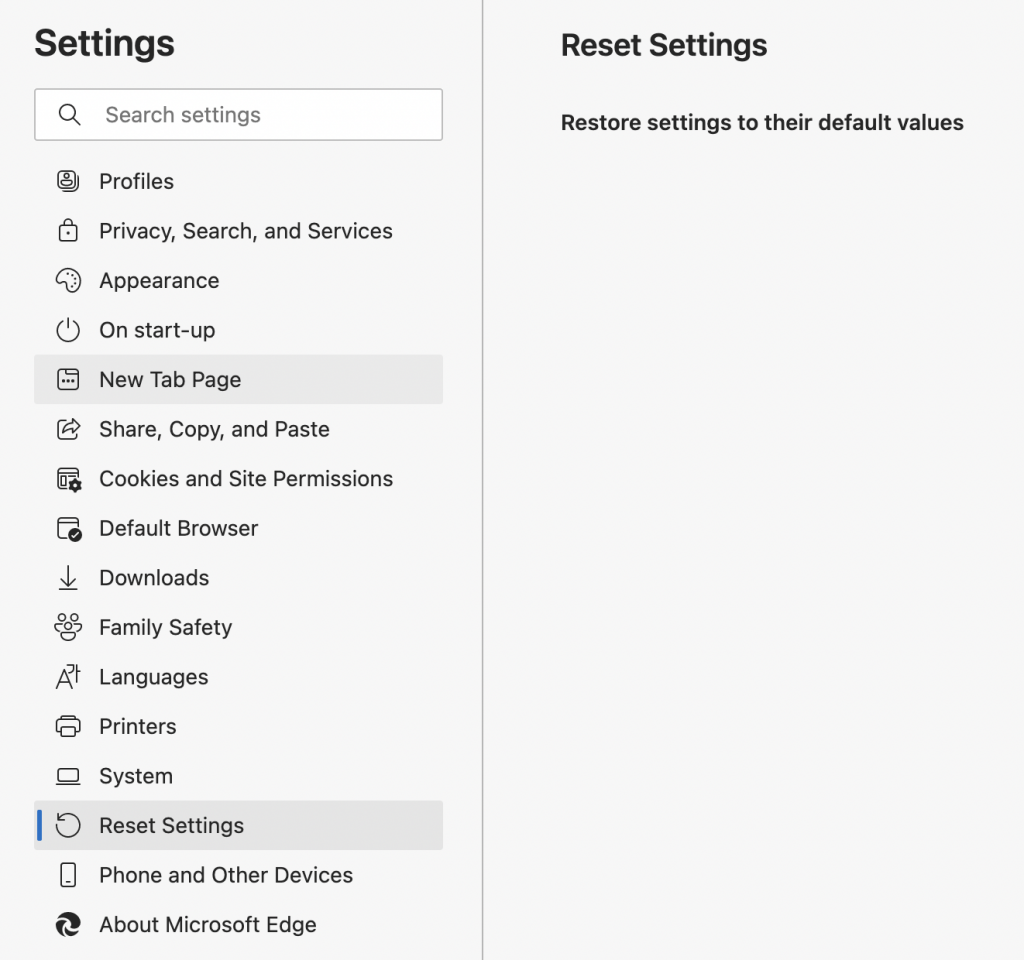 Reset Settings in Microsoft Edge