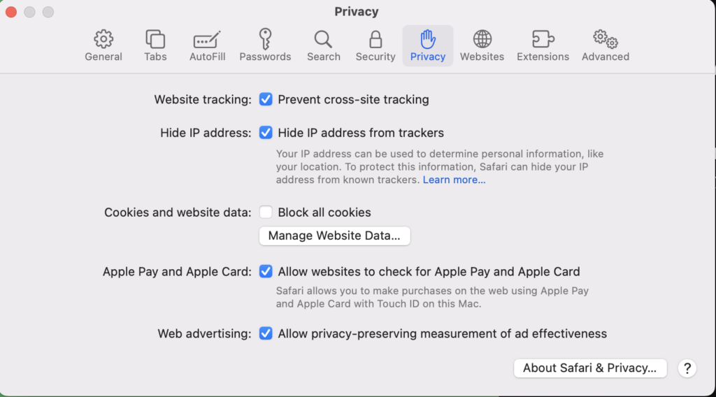 manage website data on safari