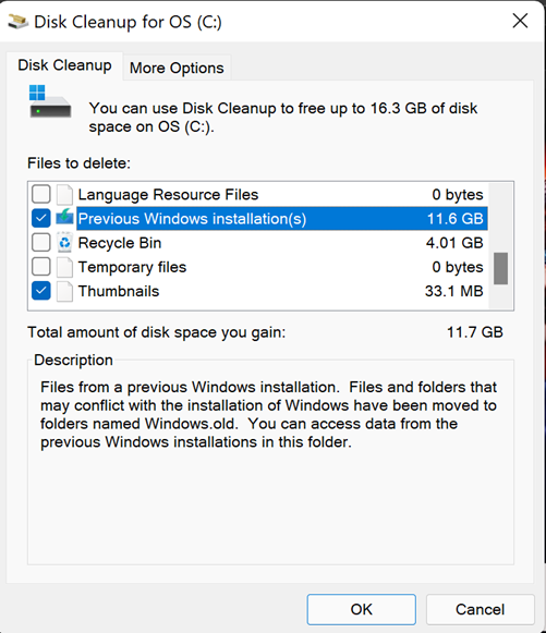 Reclaim Hard Disk Space after Upgrading to Windows 11