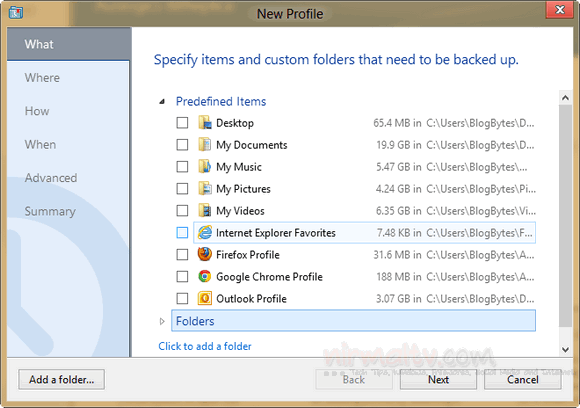 Select folders for backup