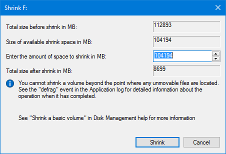 increase shrink space windows 10