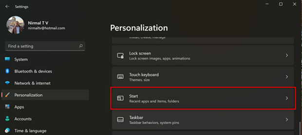 Recommendations in Windows 11 Start Menu