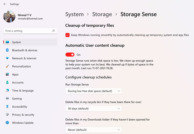 Enable Storage Sense in Windows 11