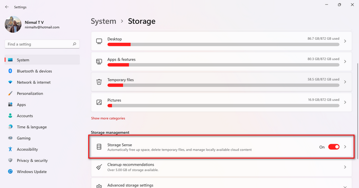 Enable Storage Sense in Windows 11