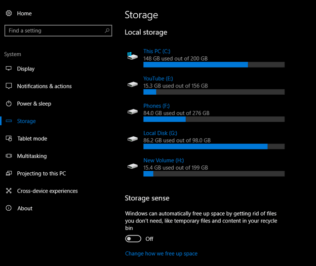 Storage Sense in Windows 10