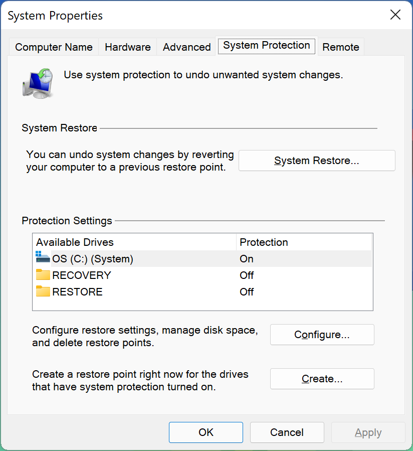 System Restore Point in Windows 11