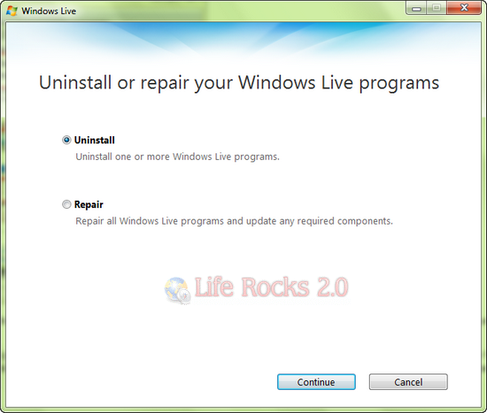 Uninstall Windows Live
