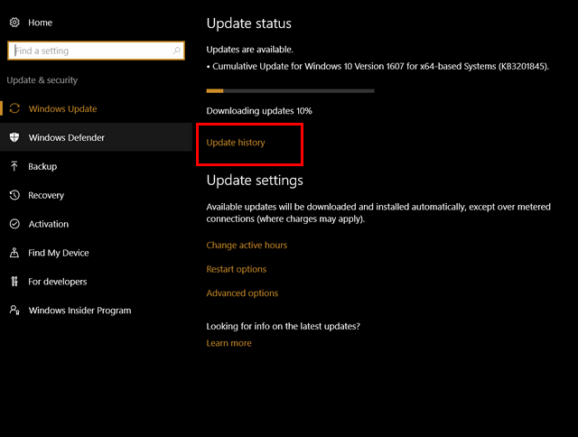Update History on Windows 10
