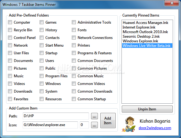 Windows 7 Taskbar Items Pinner