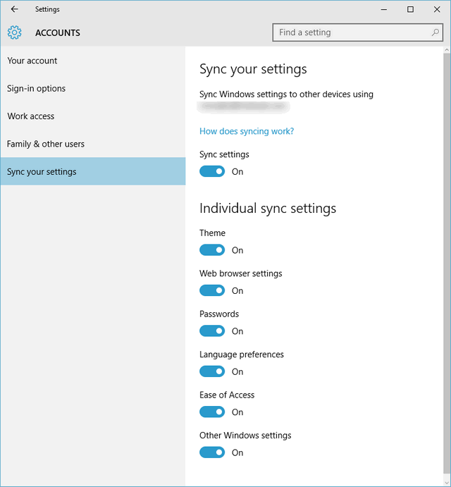 sync options windows 10