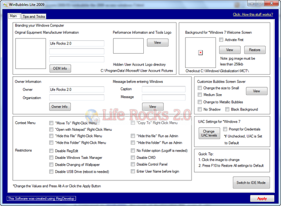 Tweak Windows 7 with WinBubbles Lite 2009